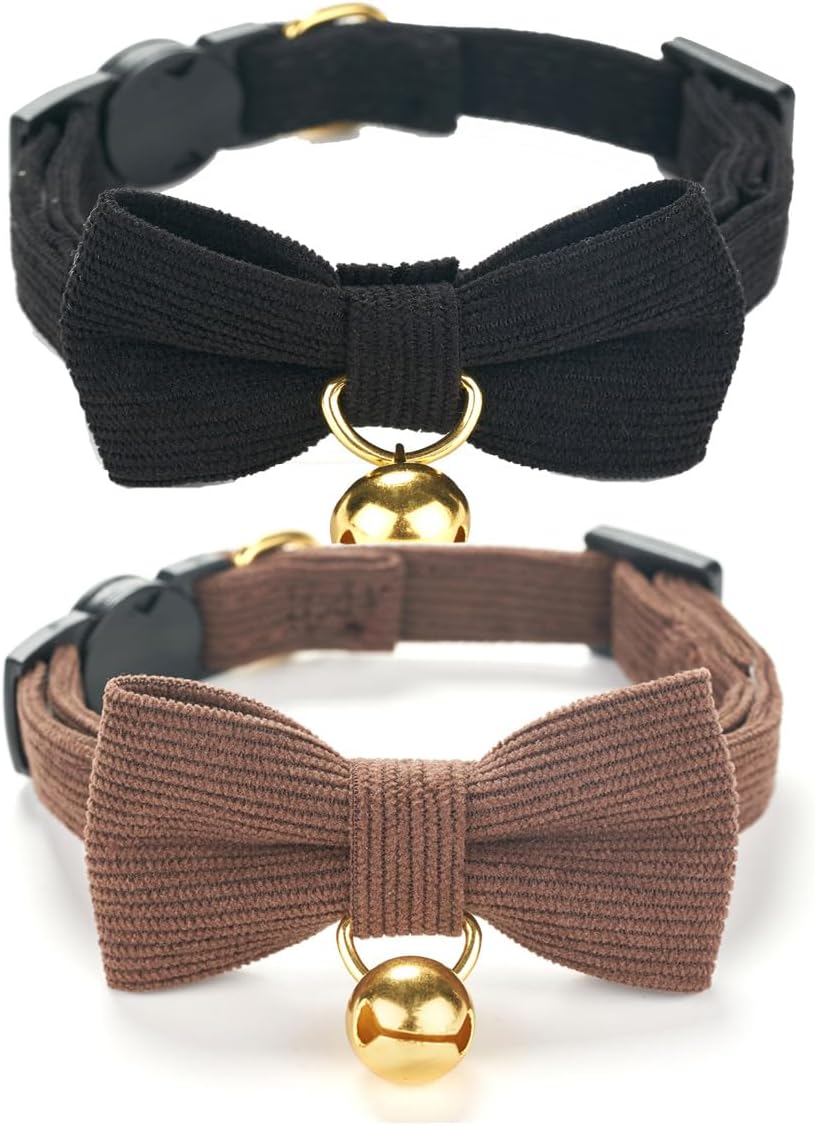 2 Pack Soft Corduroy Cat Collars with Bow Tie & Bell, Adjustable Breakaway Cotton Kitty Bowtie
