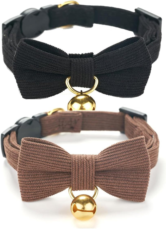 2 Pack Soft Corduroy Cat Collars with Bow Tie & Bell, Adjustable Breakaway Cotton Kitty Bowtie