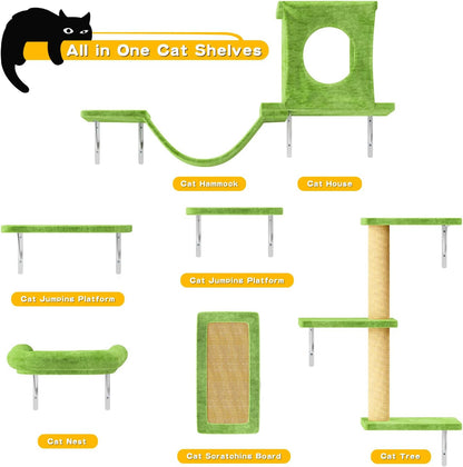NUNU LAB Wall Mounted Cat Climber Set, 6 Pcs Cat Furniture Set with House, Bridge, Steps, Scratcher