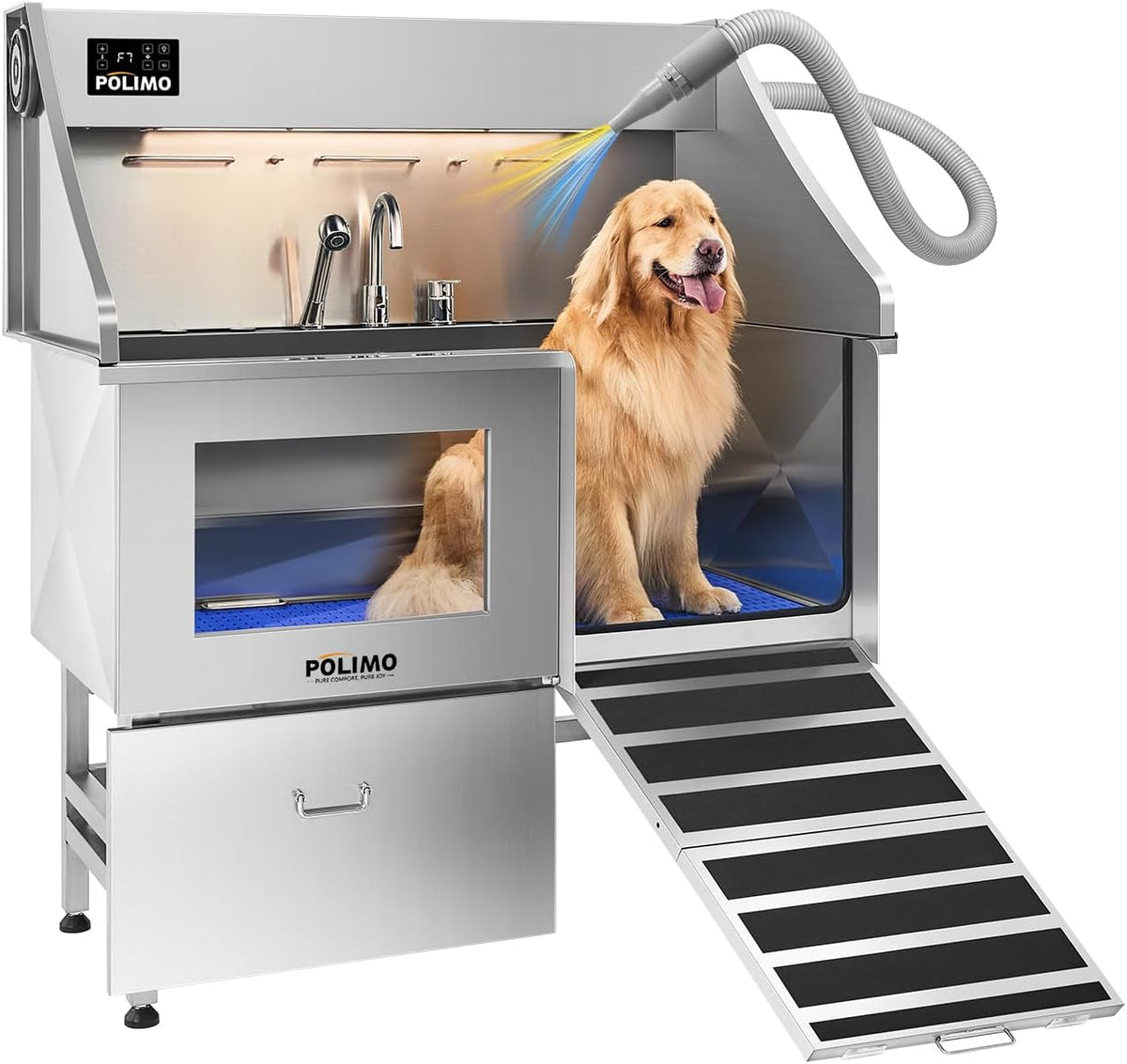 polimo Dog Washing Station with Dryer & LED, Professional Stainless Steel Grooming Tub, Dog Bathtub