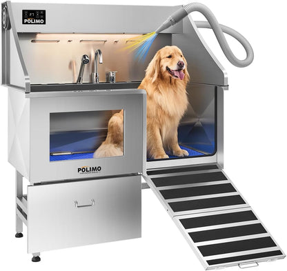 polimo Dog Washing Station with Dryer & LED, Professional Stainless Steel Grooming Tub, Dog Bathtub