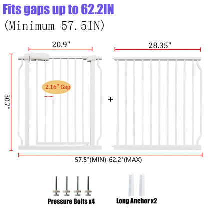 Extra Wide Baby Gates 57.5-62 Inch, Large Metal Safety Gate for Stairs, Doorways - No Drilling