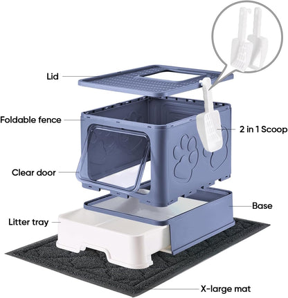 Cat Litter Box with X-Large Litter Mat and Scoop, Large Foldable Litter Box with Lid, Enclosed
