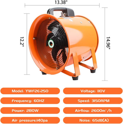 10-Inch High-Velocity Portable Utility Blower Fan, Industrial Exhaust Fan with 16.4ft Flexible Duct