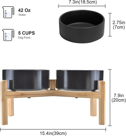 SPUNKYJUNKY Elevated Dog Bowls Ceramic, 7.3'' Dogs Food Water Bowls Raised with Non-Slip Bamboo
