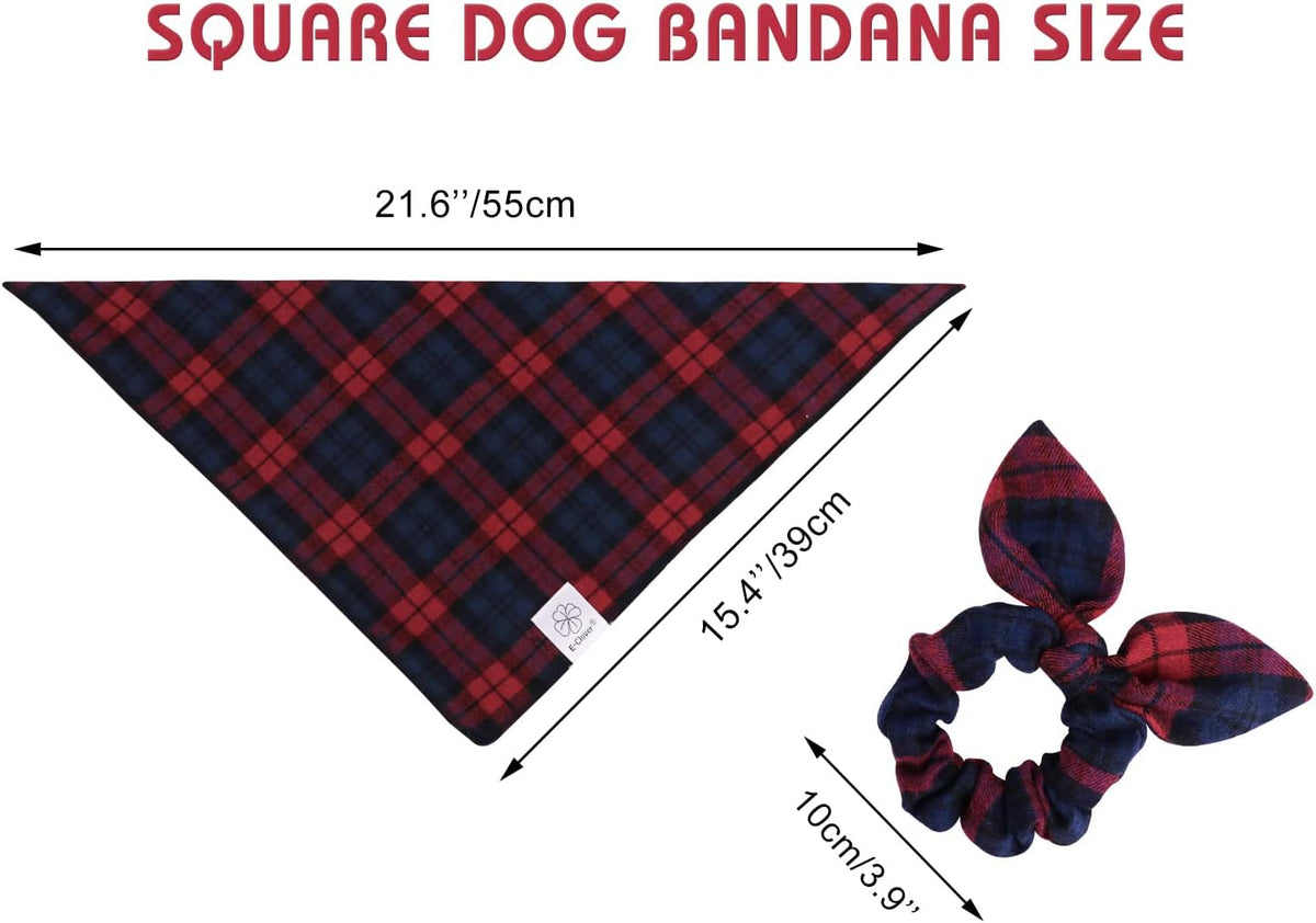 E-Clover Dog Bandanas & Matching Scrunchie Set Plaid Dog Scarf Bibs Pet Handkerchief for Small Dogs