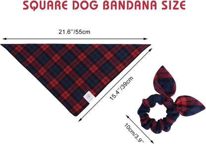 E-Clover Dog Bandanas & Matching Scrunchie Set Plaid Dog Scarf Bibs Pet Handkerchief for Small Dogs