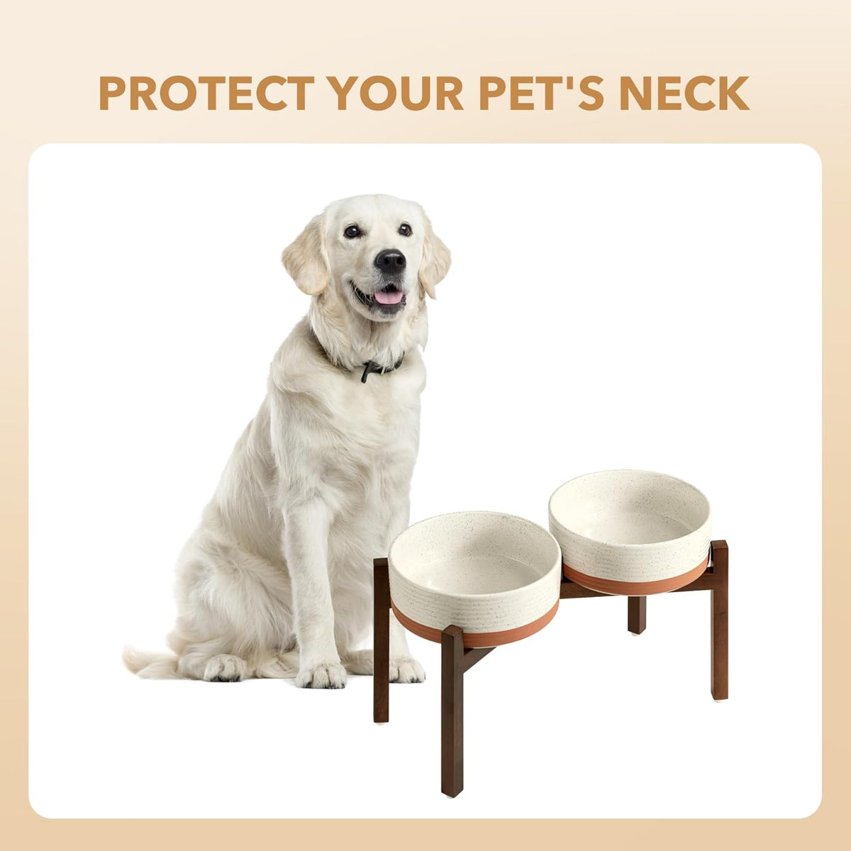 Ceramic 8.2inch Raised Double Dog Bowls Set with Acacia Wood Stand, Food & Water Bowls for Large