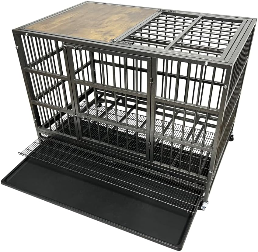 54/48/42/38 Inch Heavy Duty Dog Crate Cage with Wheels, Indestructible and Escape Proof Steel