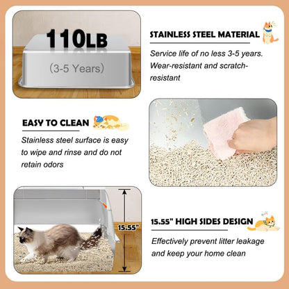 Vivifying Stainless Steel Litter Box with Lid, XL Side Entry Extra Large Litter Box for Big Cats &