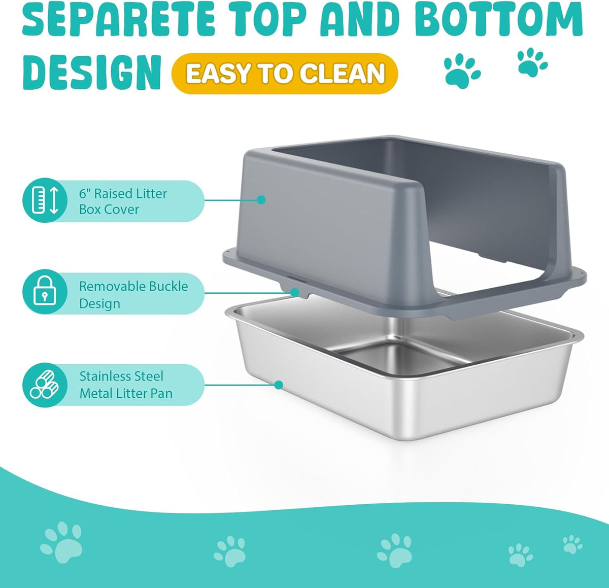 Litter Box with Lid, Stainless Steel Litter Box, 10" Metal Litter Tray High Sides, Small Litter Pan