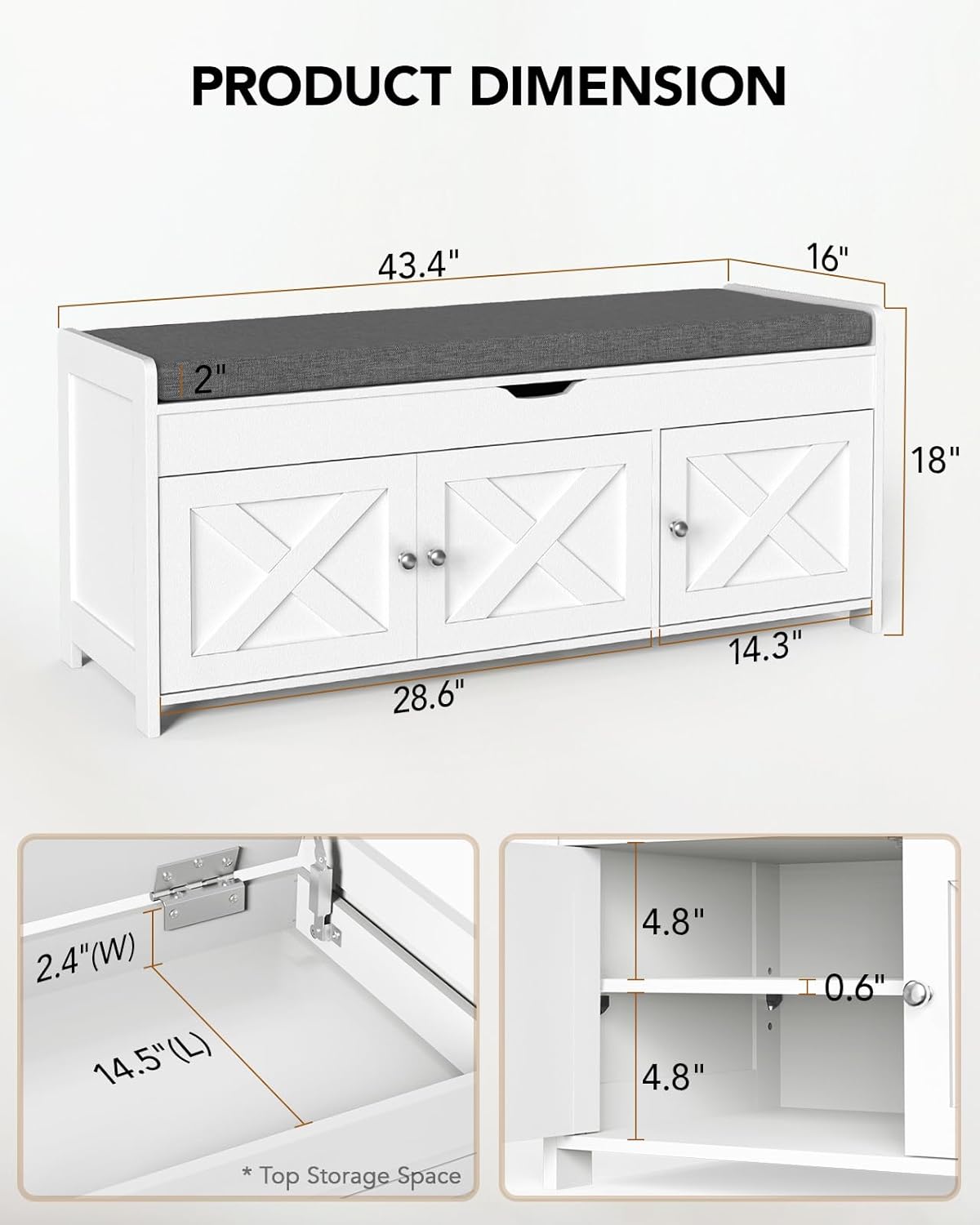 Amada Shoe Storage Bench, Entryway Bench with Cushioned Seat & Lift Top Storage, 3 Doors