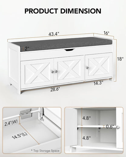 Amada Shoe Storage Bench, Entryway Bench with Cushioned Seat & Lift Top Storage, 3 Doors