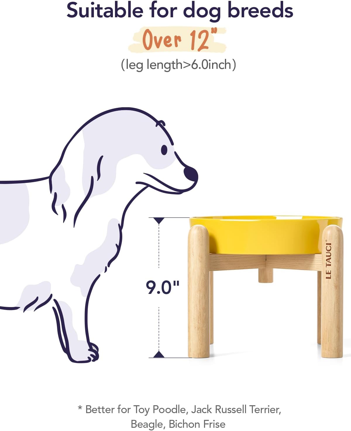 LE TAUCI Ceramic Slow Feeder Dog Bowls Elevated, 3 Cup Raised Bowl with Wooden Stand for Medium