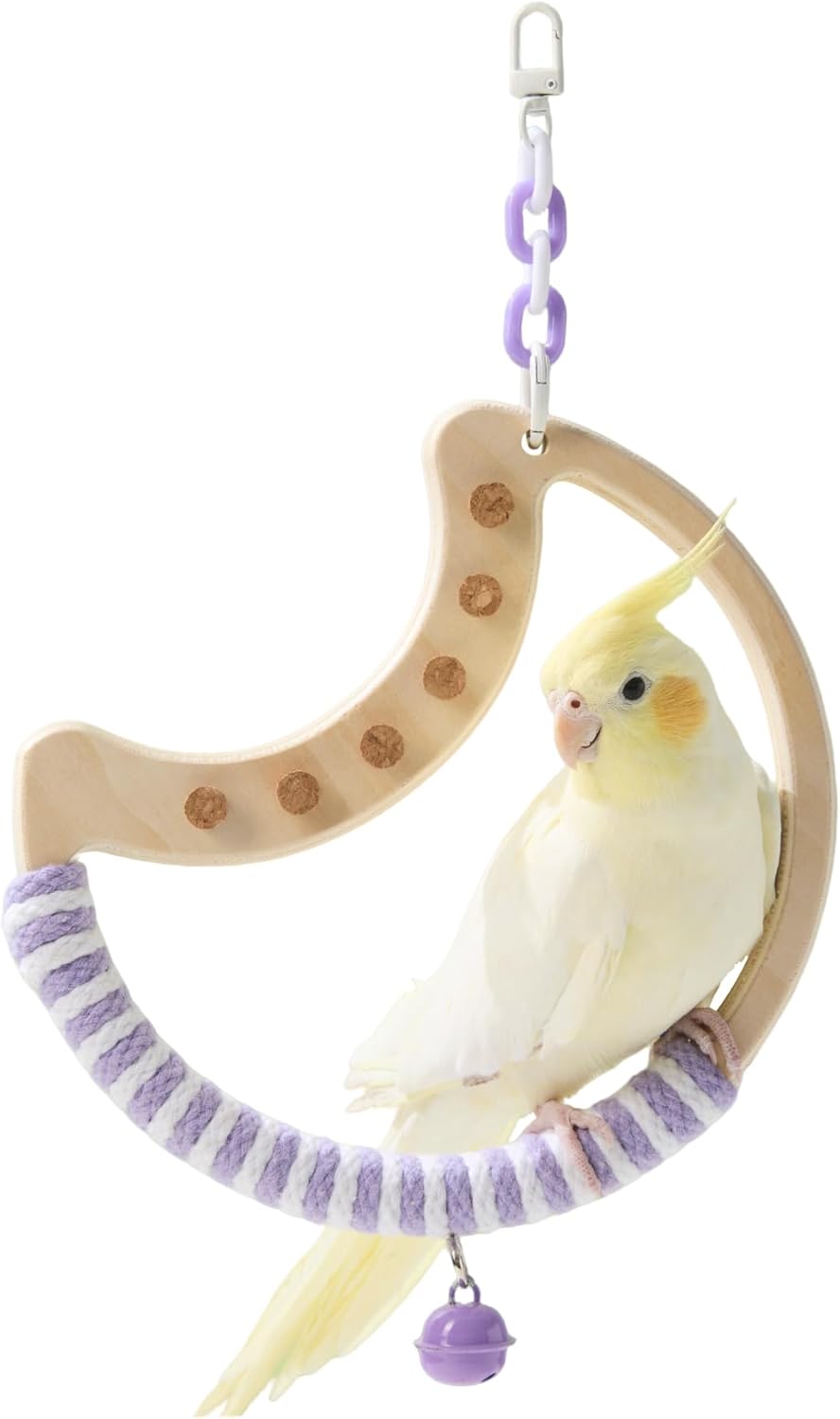 Natural Bird Swing - Moon-Shaped Parrot Perch with Bell and Cork Toys, Spinning Wooden Stand for