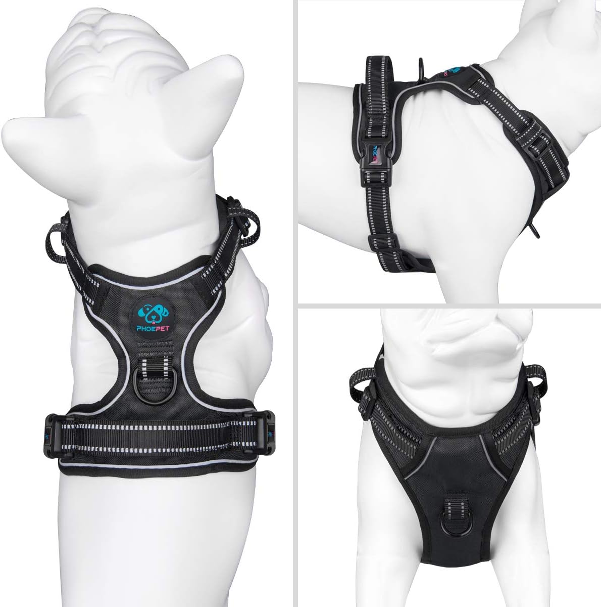 PHOEPET Reflective Dog Harness No Pull Large Breed Vest with 2 Metal Leash Attachment Hooks(L