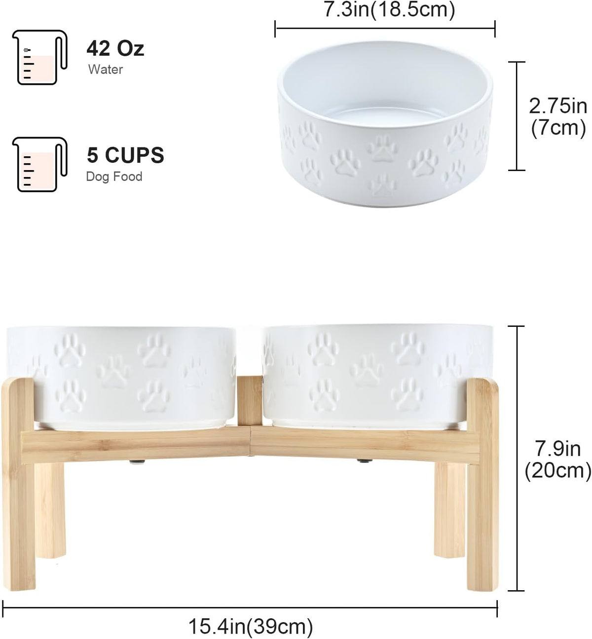 SPUNKYJUNKY Elevated Dog Bowls Ceramic, 7.3'' Dogs Food Water Bowls Raised with Non-Slip Bamboo