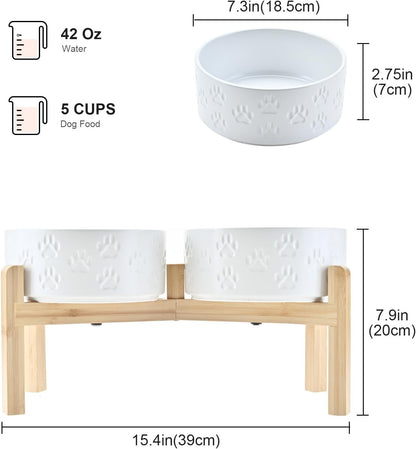 SPUNKYJUNKY Elevated Dog Bowls Ceramic, 7.3'' Dogs Food Water Bowls Raised with Non-Slip Bamboo