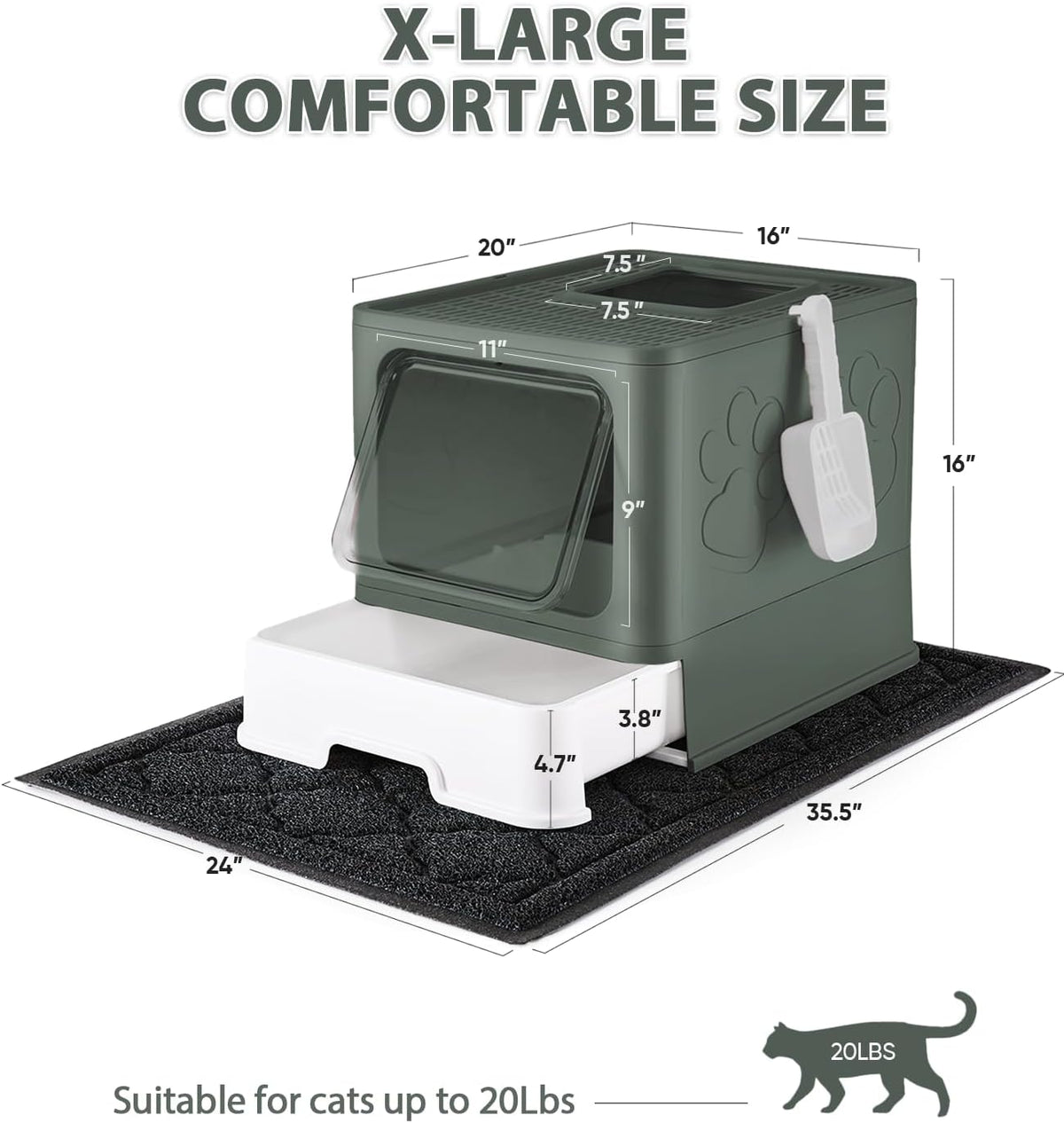 Cat Litter Box with X-Large Litter Mat and Scoop, Large Foldable Litter Box with Lid, Enclosed