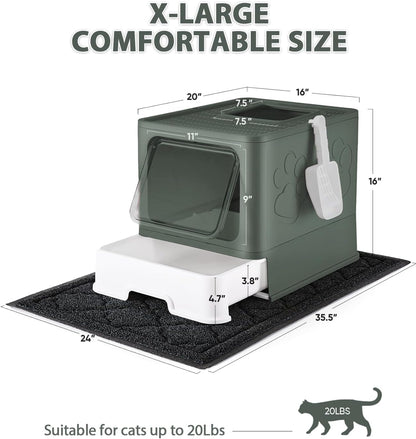 Cat Litter Box with X-Large Litter Mat and Scoop, Large Foldable Litter Box with Lid, Enclosed