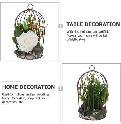 BESTOYARD Hanging Bird Cage Decor with White Simulation Rose Flowers for Home Wedding Table and