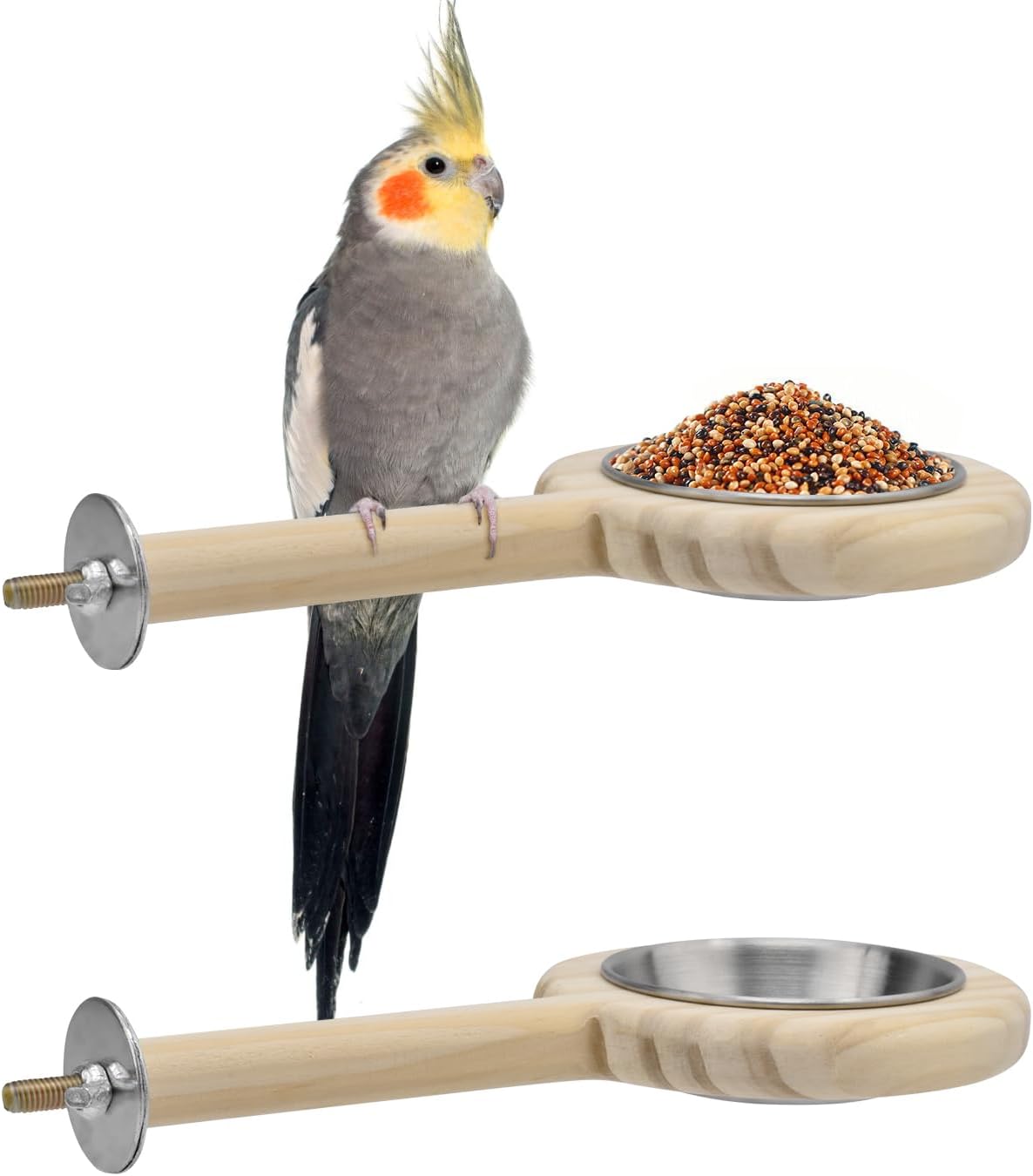 KATUMO Bird Perch Feeding Cup Birds Platform Parrot Wood Perch Stand Toy Cage Accessory for