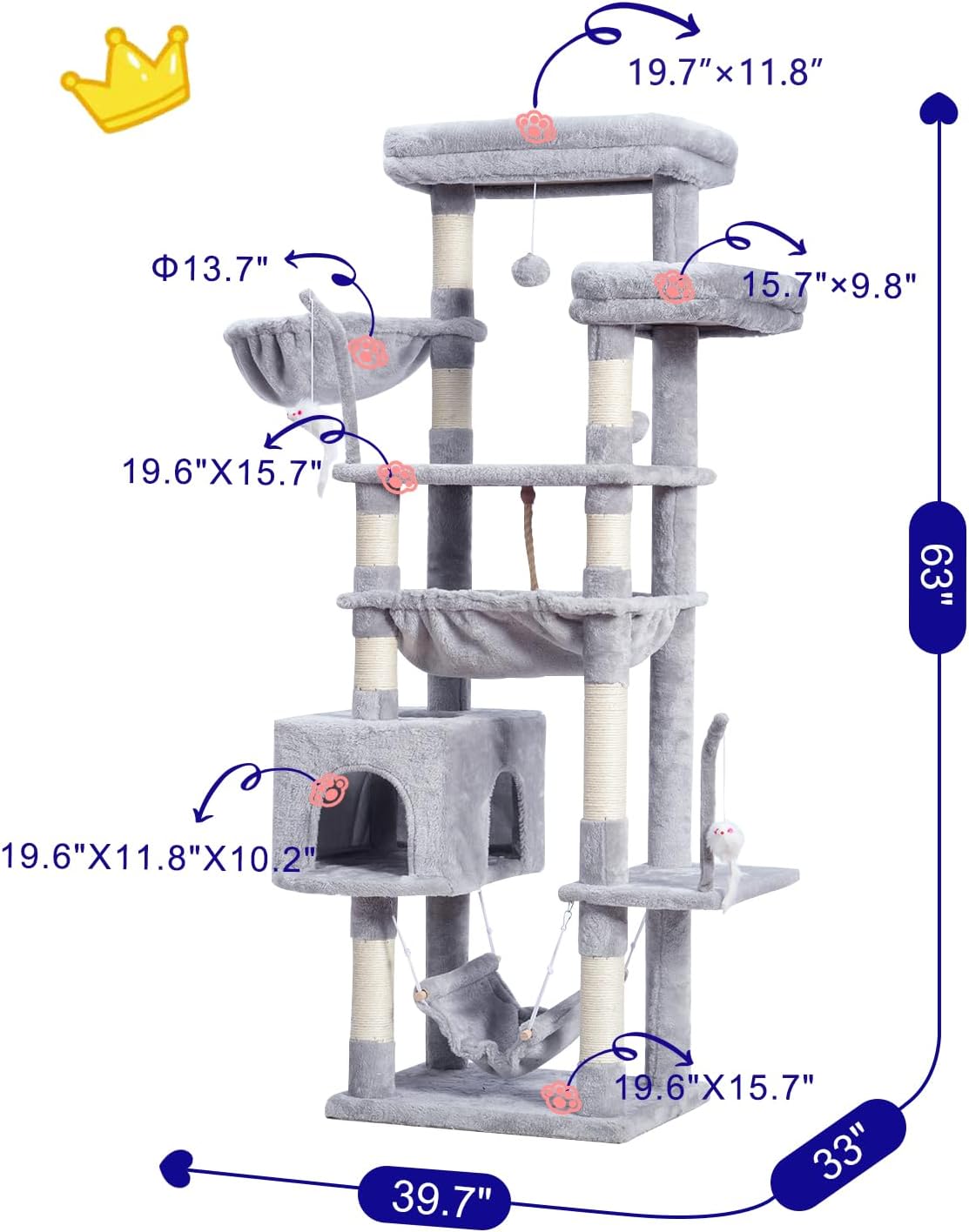 Cat Tree, Cat Tower for Large Cats with 2 Big Platforms, 2 Baskets, condo and Toys, 63" Cat