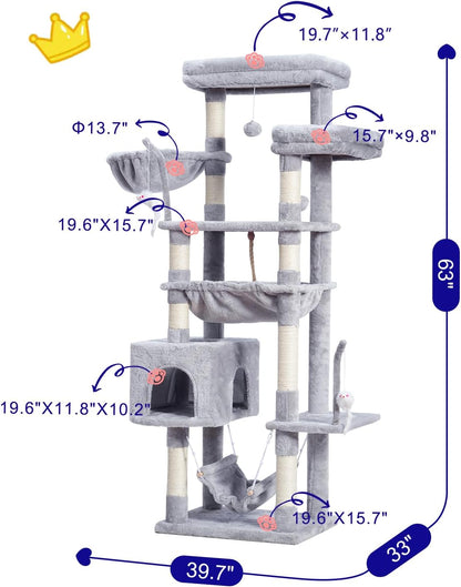 Cat Tree, Cat Tower for Large Cats with 2 Big Platforms, 2 Baskets, condo and Toys, 63" Cat
