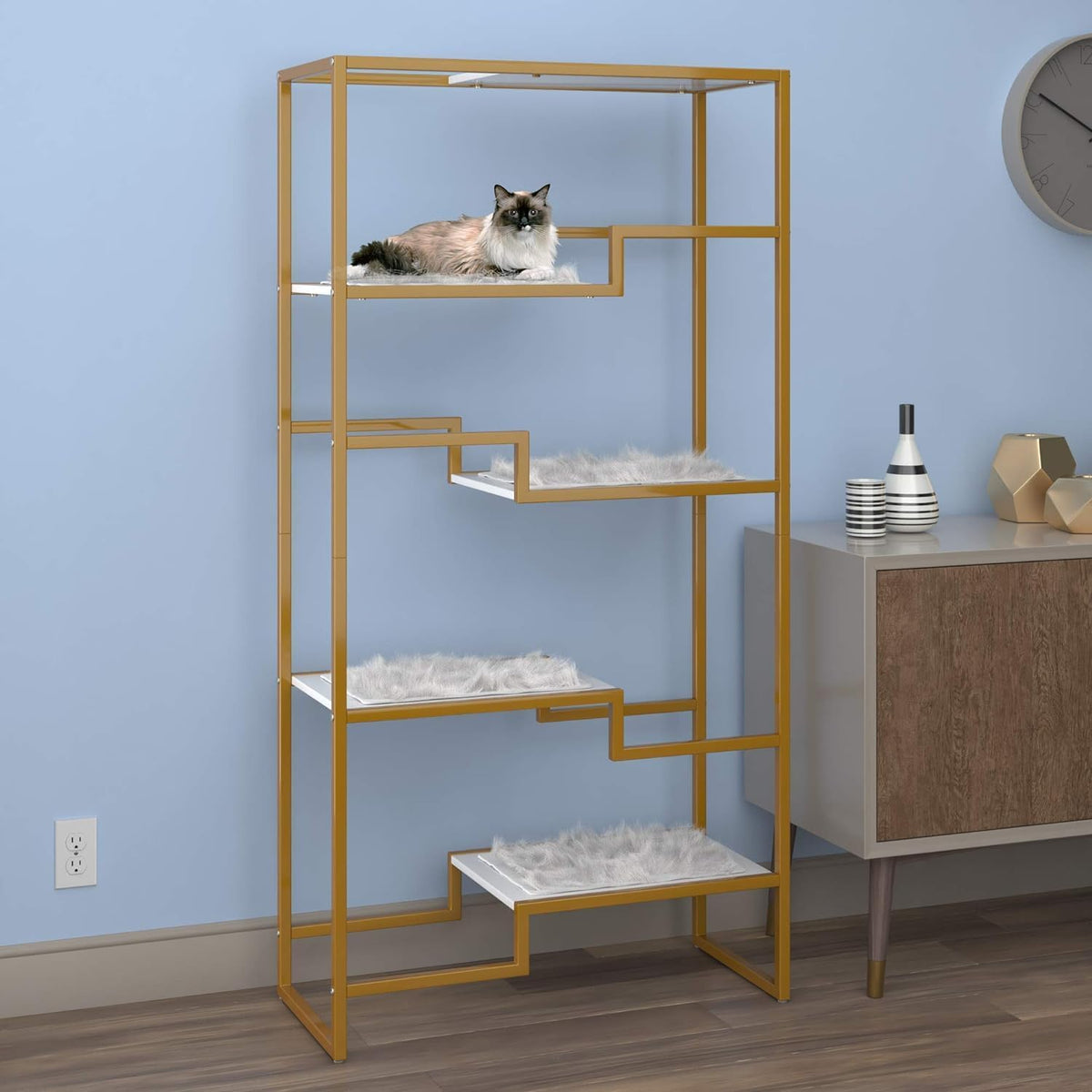THE REFINED FELINE 62 Inch Tall Metropolitan Cat Condo, Gold Metal Frame Cat Tower, Multi-Level
