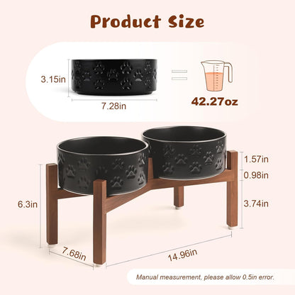 SPUNKYJUNKY Ceramic Elevated Dog Bowl Set with Acacia Wood Stand for Food and Water for Medium Dogs