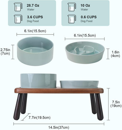 SPUNKYJUNKY Ceramic Elevated Dog Bowls with Slow Feeder Raised with Acacia Bamboo Wooden Stand