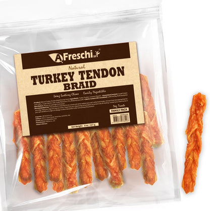 Afreschi Turkey Tendon Dog Treats, 8 oz Braid (for Medium Breeds), USA-Sourced Turkey Tendon, All