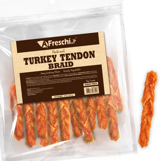 Afreschi Turkey Tendon Dog Treats, 8 oz Braid (for Medium Breeds), USA-Sourced Turkey Tendon, All