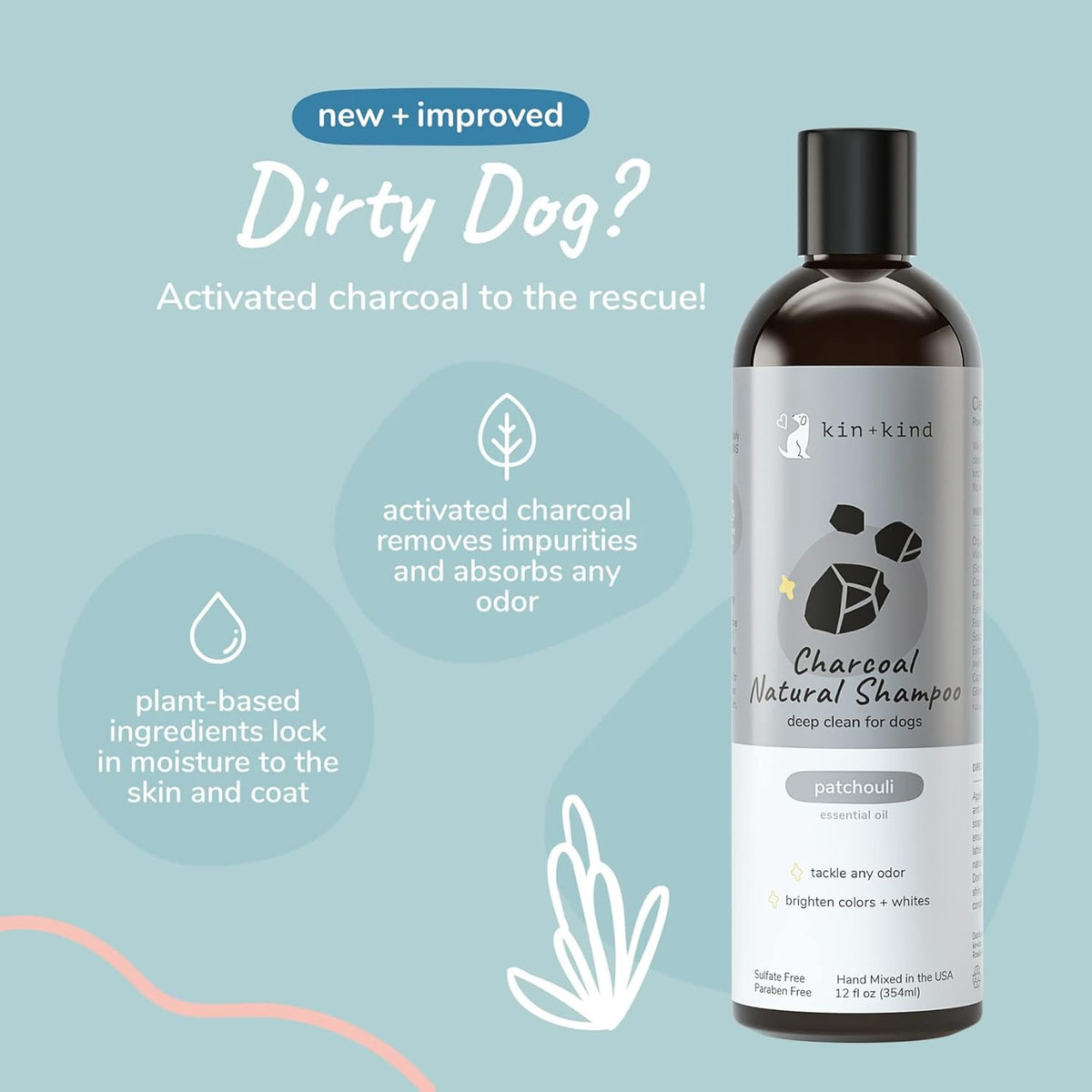 kin+kind Dog Shampoo - Deep Clean, Dirt & Odor Remover w/Activated Charcoal for Dogs, Gentle
