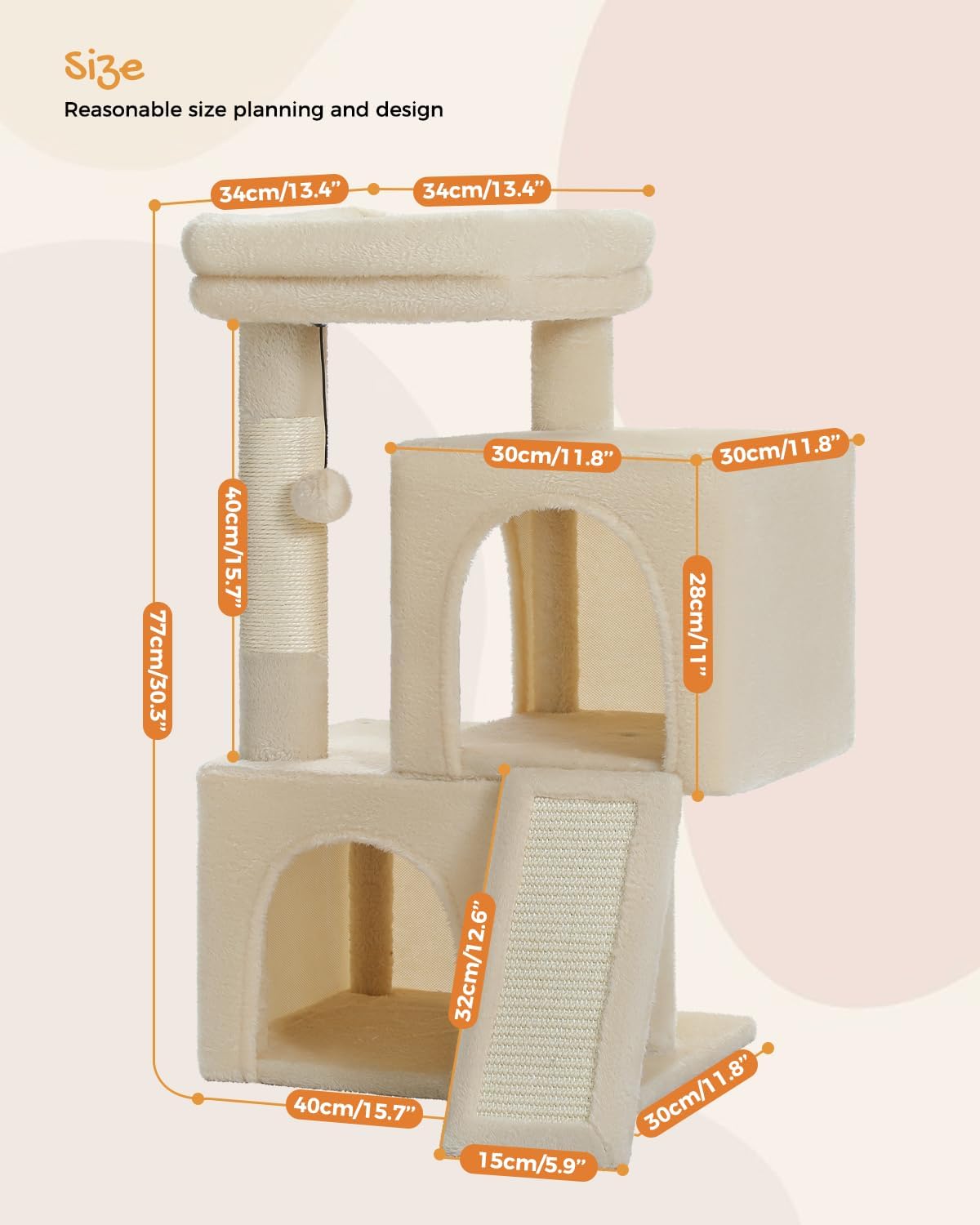 PAWZ Road Cat Tree, 30 Inches Cat Tower with Dual Condos for Indoor Cats, Plush Cat House with