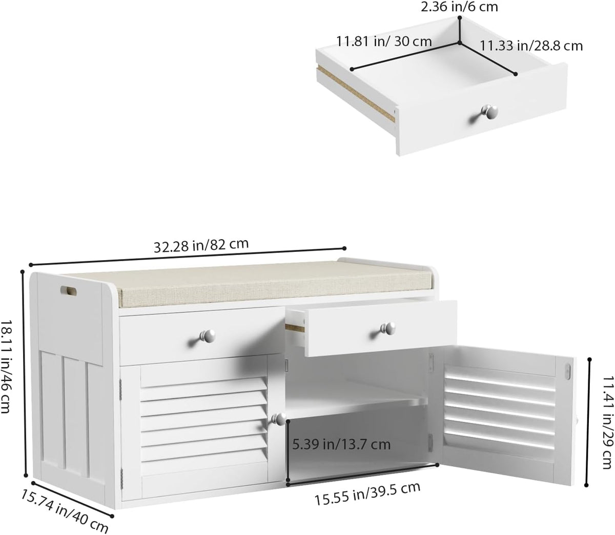 Shoe Storage Bench with 2 Drawers & 2 Doors, Entryway Bench with Cushion, 2 Adjustable Shelves