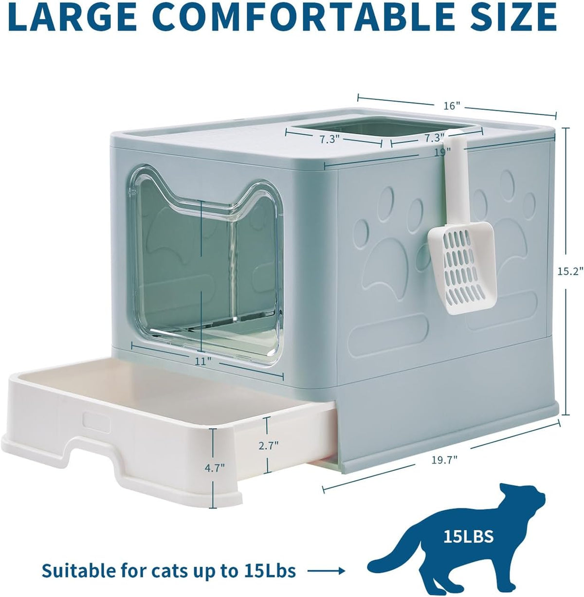 Cat Litter Box with Litter Mat and Scoop, Large Foldable Litter Box with Lid, Front Entry Top Exit