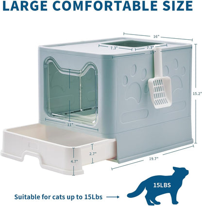 Cat Litter Box with Litter Mat and Scoop, Large Foldable Litter Box with Lid, Front Entry Top Exit