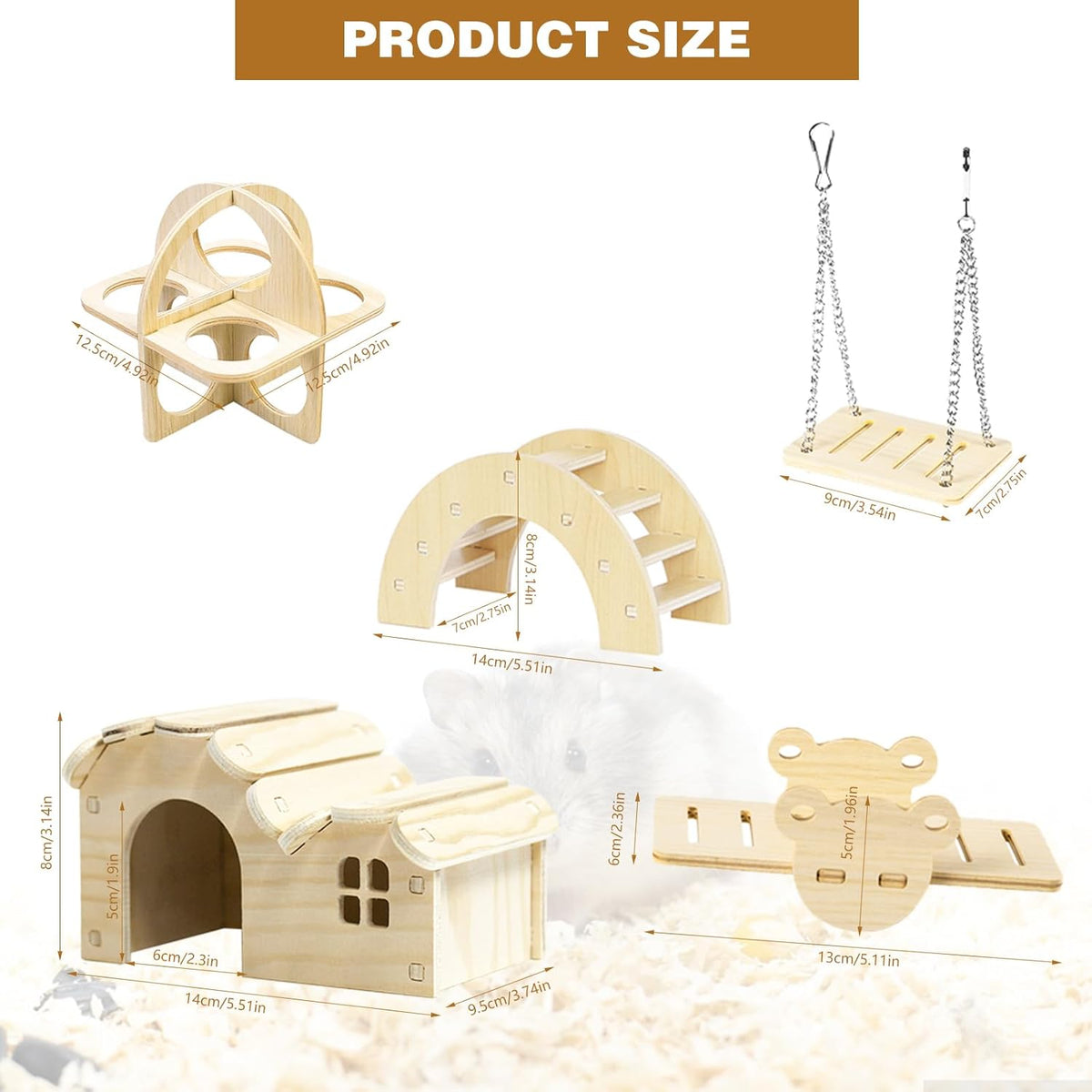 Hamster Toys 5-Piece Set,Hamster House, Swing, Climbing Ladder, Seesaw & Exercise Wheel,Pet DIY