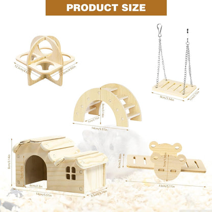Hamster Toys 5-Piece Set,Hamster House, Swing, Climbing Ladder, Seesaw & Exercise Wheel,Pet DIY