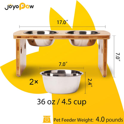 Elevated Dog Bowls, Bamboo Raised Dog Bowl for Medium Dogs, with 2 Stainless Steel Bowls (7''