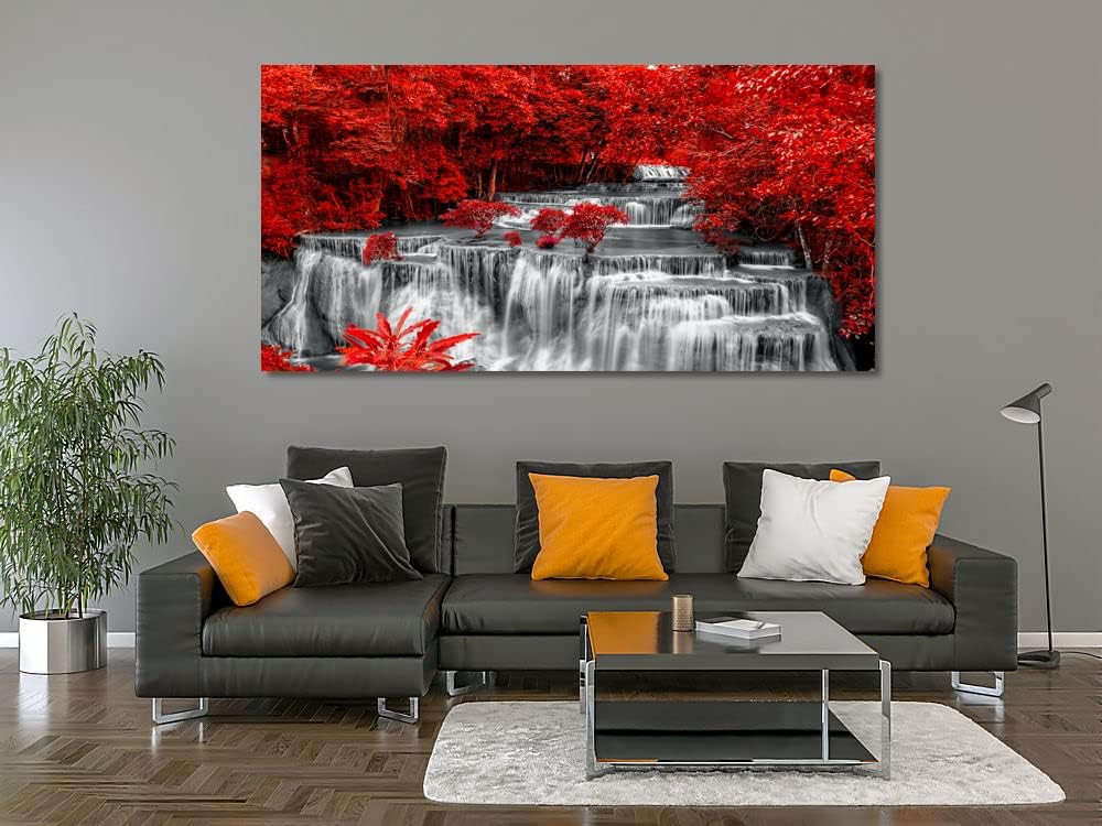 Yxbhhym Black White and Red Waterfall Canvas Wall Art- Red Tree Prints Landscape Posters Framed