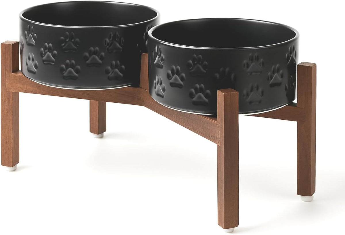 SPUNKYJUNKY Ceramic Elevated Dog Bowl Set with Acacia Wood Stand for Food and Water for Medium Dogs