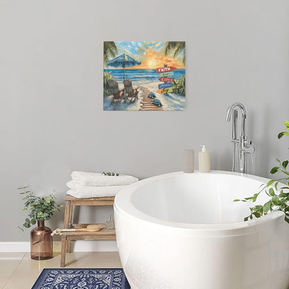 Beach Ocean Bathroom Pictures Wall Art, Seaside Coastal Bathroom Wall Decor, Sunrise Framed