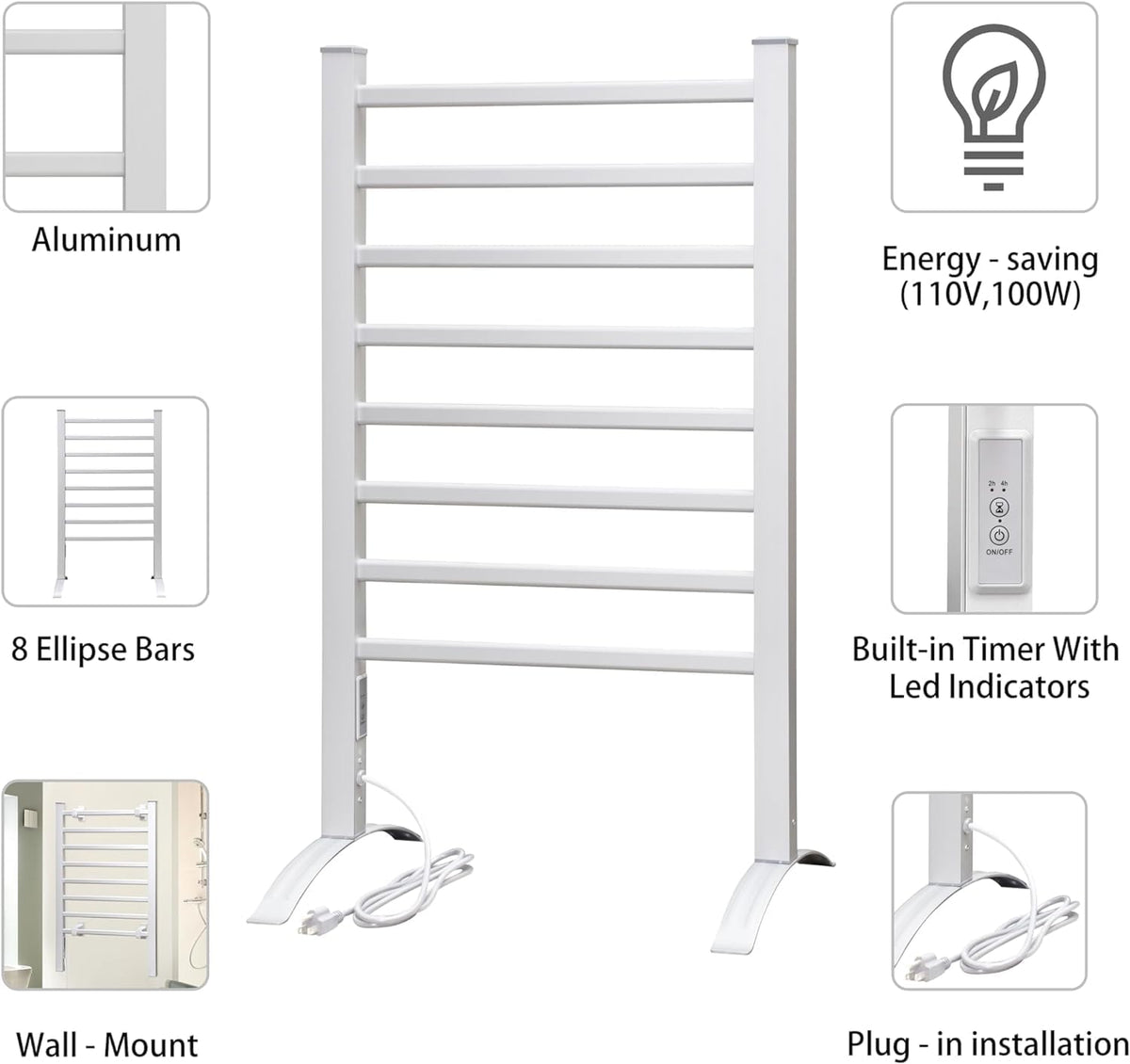 KEG Towel Warmer 8 Bars for Bathroom Freestanding or Wall Mounted Bath Towel Heater Plug-in with