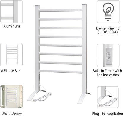 KEG Towel Warmer 8 Bars for Bathroom Freestanding or Wall Mounted Bath Towel Heater Plug-in with