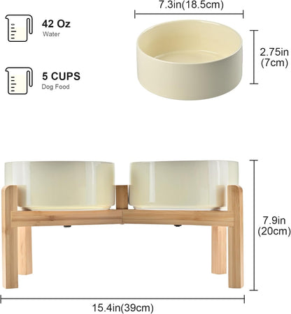 SPUNKYJUNKY Elevated Dog Bowls Ceramic, 7.3'' Dogs Food Water Bowls Raised with Non-Slip Bamboo