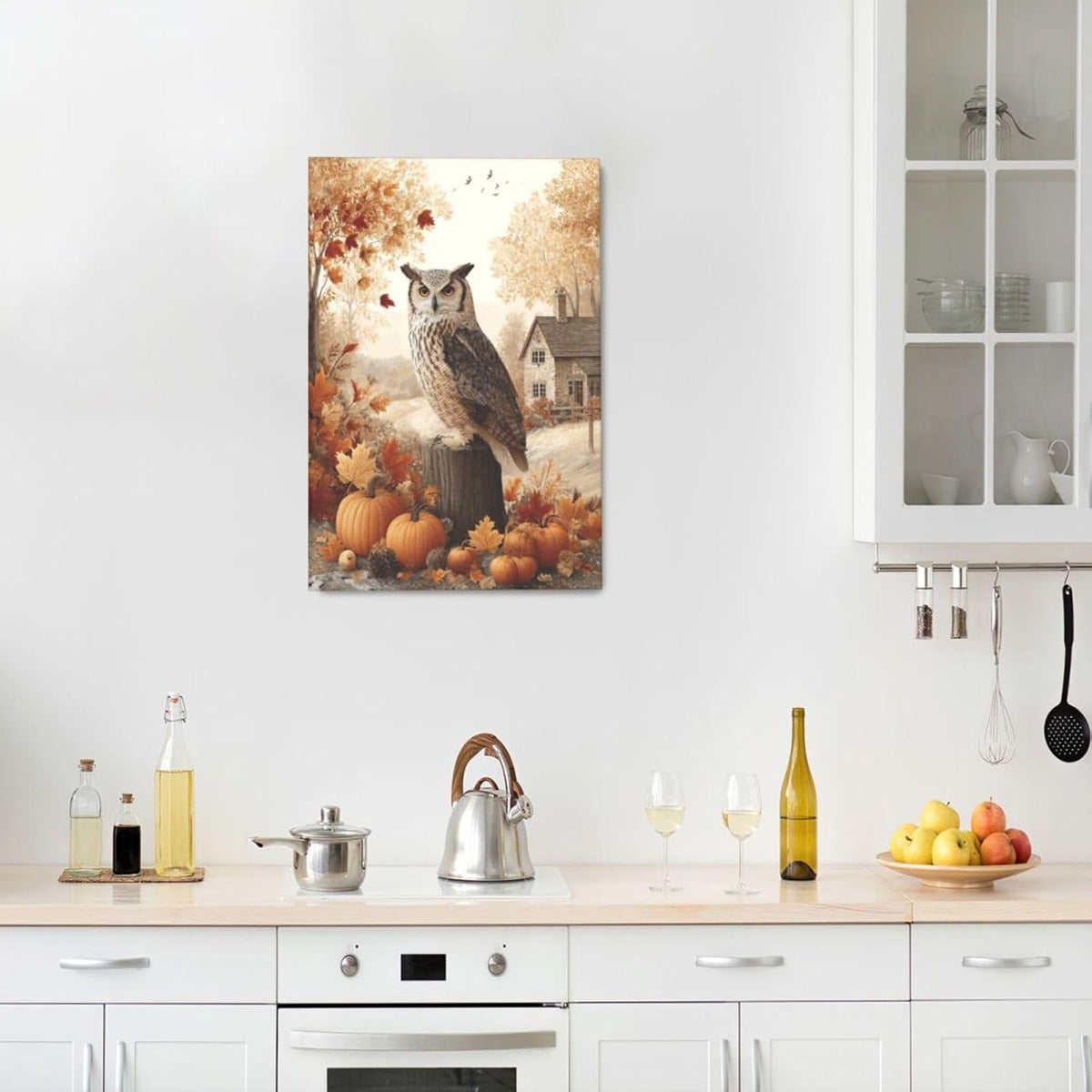 Fall Owl Wall Art Autumn Pumpkin Leaves Wall Decor Rustic Canvas Print Farmhouse Pictures Painting
