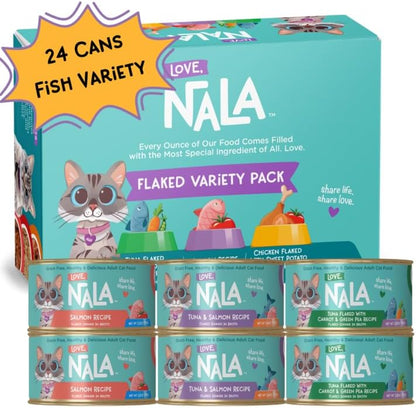 LOVE, NALA - FLAKED Fish Variety Pack - 24 Pack - Natural Adult Cat Wet Food - Grain Free, Non-GMO