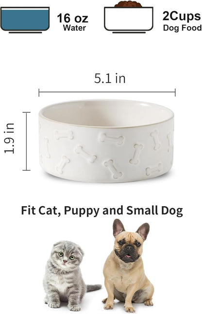 UBEE Ceramic Dog Bowl Set of 2, 5.1 inch Dog Food Bowl Dish with Bone or Paw Pattern, Pet Food